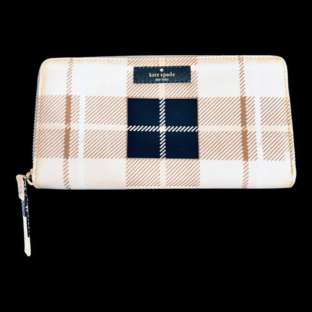 Kate Spade Women's Patent Leather Clutch Wallet Organizer Large Zip Pink Plaid